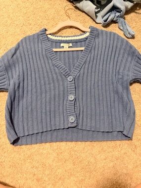 American Eagle Light Blue Ribbed V-Neck Cardigan with White Trim